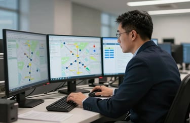 A professional logistics dispatcher in a North American office environment, viewing multiple computer screens showing fleet maps, dressed in professional attire, soft indoor lighting.