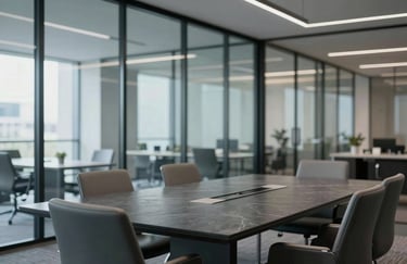 An artistic shot of a modern glass office interior, focusing on the clean lines and reflections of a dark slate grey conference table and medium grey chairs.