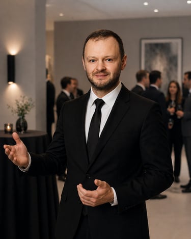 Maître d'hôtel professionnel supervisant une réception d'entreprise à Paris