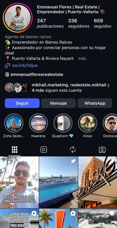 Perfil de Instagram de Emmanuel Flores, agente inmobiliario y emprendedor en Puerto Vallarta