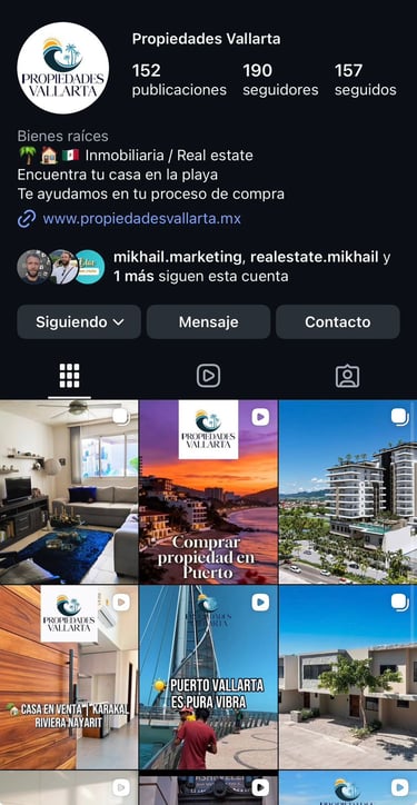Perfil de Instagram de Propiedades Vallarta que muestra bienes raíces de lujo y casas frente al mar