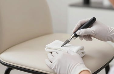 Detailed shot of hands in professional white gloves cleaning a high-end designer chair with a specialized tool.