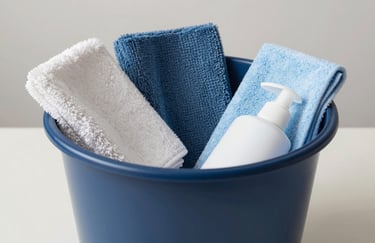 A organized collection of professional microfiber cloths and eco-friendly solutions in a dark blue bucket (#1A202C) on a clean surface.