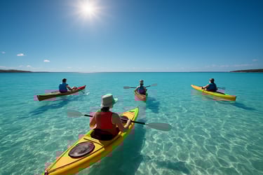 A group of people kayaking in the crystal clear waters of the New Caledonian lagoon under a bright sun, reflecting a perfect weather forecast, South Pacific setting.