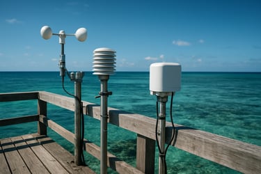 A set of high-tech weather sensors mounted on a wooden pier overlooking the New Caledonian reef, bright daylight, South Pacific ocean background.