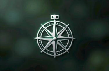 A sleek, geometric line icon of a compass merged with a leaf pattern, silver tones with a soft emerald glow.