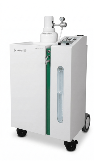 Kemetoxy Model K-125 portable medical oxygen concentrator machine with cylinder on wheels.