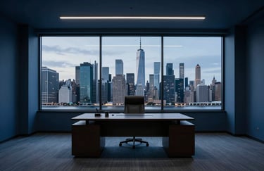 A minimalist North American / US executive office with a view of a city skyline, midnight blue tones and sharp, modern lines.
