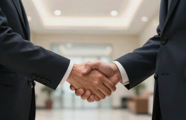 A close-up shot of two professionals shaking hands in a North American / US corporate lobby, soft off-white lighting, representing trust and reliability.
