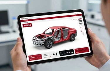 A digital tablet screen showing a 3D model of a car chassis with data overlays and analytics charts in crimson (#A5002C) and black (#1A1A1A), held by a professional in a lab setting.