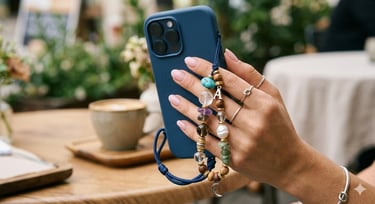 A blue smartphone featuring a handmade beaded phone charm with turquoise and pearl accents.