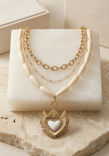 Layered gold chain necklaces with a heart pendant and cream beads displayed on a white marble stand.