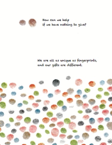 Interior page of book SEEK with a fingerprint characters discussing their gifts
