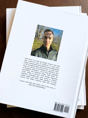 Back of hardcover book SEEK with author image and story on back