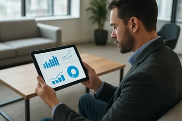 A professional North American worker looking at a clean digital dashboard on a tablet in a bright, modern office lounge setting.