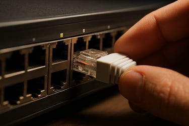 A close-up shot of a high-speed Ethernet cable being connected to a modern network switch, showing precision and professional hardware management.