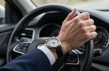 A close up of a professional driver's hand on a steering wheel, wearing a classic watch and a suit sleeve, indicating punctuality. European / British setting, sharp focus, professional mood.