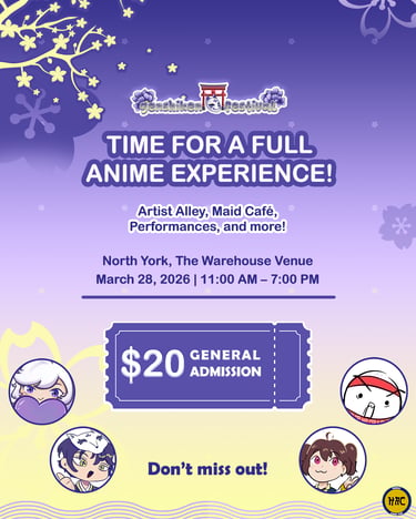 Social media ad event for Genshiken and Humber Anime Club with purple gradient plus event details.