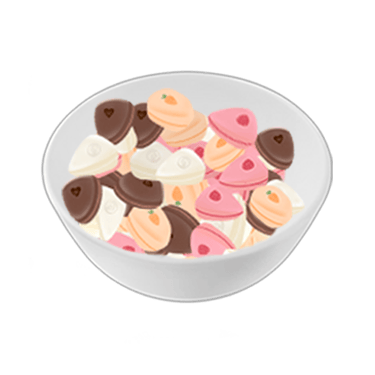 Bowl full of bite-sized marshmallows shaped like cakes, also known as the Mallokeyk product.