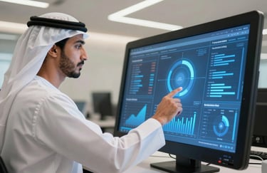 A professional in a Middle Eastern / Gulf business hub interacting with a high-tech touchscreen interface showing sky blue marketing trends and projections.