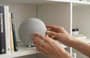 Close-up of hands adjusting the position of a small spherical speaker on a bookshelf, focused on the interaction, clean and modern North American / US interior, soft lighting.