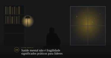 Silhueta contemplativa em escritório à noite, tema saúde mental para líderes