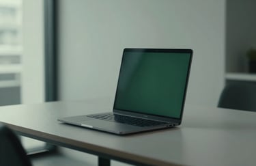 A minimalist workspace in a North American / International city office with a laptop, reflecting Deep Forest Green tones.