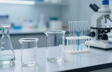 A collection of sterile laboratory glassware including beakers and test tubes on a white polished bench in a North American science lab, clear and light blue color palette.