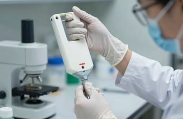 A scientist wearing white gloves and a lab coat using a multi-channel pipette in a sterile North American workspace, focused lighting, clean and professional.