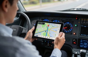 A professional driver checking a GPS tablet in a modern British / UK taxi cockpit, focused and reliable with soft blue dash lights.