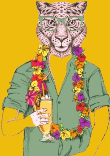 Stylized illustration of a leopard wearing glasses and a floral lei, holding a tropical cocktail.