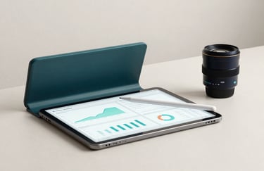 A professional desk setup featuring a tablet with a data analysis chart and a stylus. The background is a clean, off-white wall. The composition is minimalist and high-end, using deep teal and dark navy elements in the equipment.