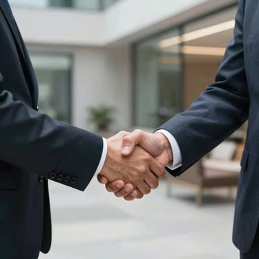 A professional handshake between two business partners in a modern corporate setting in Gurugram, representing trust and agreement.