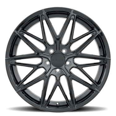 Glossy black multi-spoke alloy car wheel rim isolated on a black background.