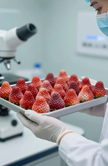 A close-up of a lab technician wearing white gloves, holding a tray of perfectly preserved, bright red freeze-dried strawberries in a soft mint white sterile room.