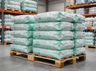 Industrial pallets of packaged products ready for shipment in a very clean, organized warehouse with soft mint white lighting.
