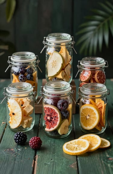 Arrangement of various freeze-dried tropical fruits in glass jars on a dark forest green wooden table, lit by soft natural light.