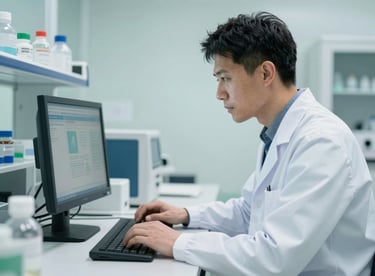 A scientist in a white coat looking at a digital display in a food safety lab, with soft mint white walls in the background.