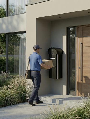 A delivery man carrying a package to a modern wall-mounted smart mailbox at a home entrance.