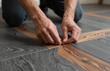 Close-up photograph of hands precisely fitting a custom-cut wood inlay for a patterned floor in a modern North American home, charcoal and slate gray color palette.