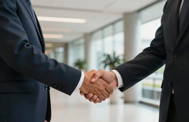 A firm handshake between two business professionals in a bright, modern corporate building lobby in Sao Paulo, conveying trust and partnership, South American / Brazilian culture.