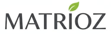 Matrioz brand logo in black text with a green leaf icon above the letter i.