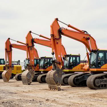 A professional commercial photograph of a fleet of well-maintained heavy machinery, including backhoes and loaders, lined up in a clean equipment yard in North America. The palette features industrial orange and steel blue against an off white sky.