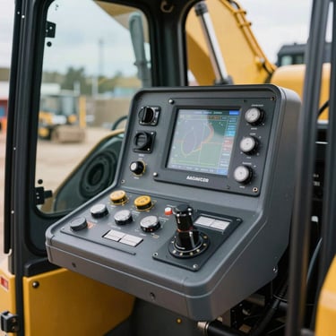 A detailed close-up shot of a modern heavy equipment control panel inside the cabin of a high-tech machine. High-end engineering style, North American context.