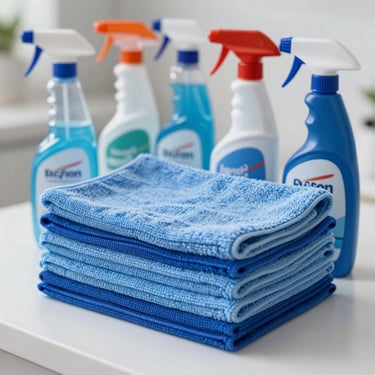 Close-up of organized professional cleaning supplies, microfiber cloths in sky blue and dark blue colors, spray bottles on a clean white surface, bright indoor setting.
