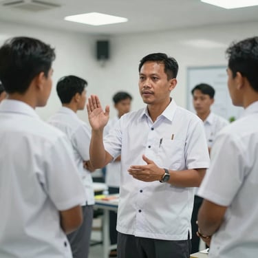 A South East Asian / Indonesian team leader in a white uniform conducting a professional training session for a group of workers in a clean, modern facility.