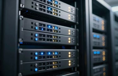 A high-tech server rack in a dark data center with glowing blue and gold status lights. Macro shot, shallow depth of field, futuristic tech style using #2C3E50 and #B8A066.