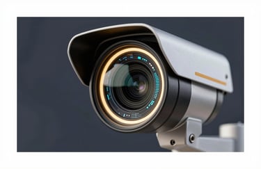 A close-up of a high-tech security camera lens with a golden ring light, reflecting a futuristic digital interface. Background in #0A0A1A, accents in #B8A066.