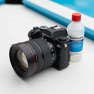 A close-up, clean photograph of professional pool testing equipment and a chemical kit sitting on a bright pool deck in North American South Florida.