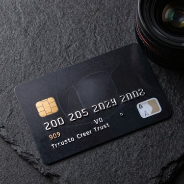 A professional, top-down clean photograph of a secure electronic payment chip and an elegant modern credit card on a dark slate background, representing trust and high security.